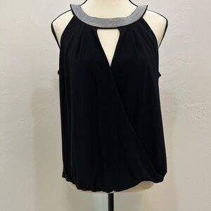 White House Black Market  Women's Black Sleeveless Key Hole Beaded Neck Blouse M